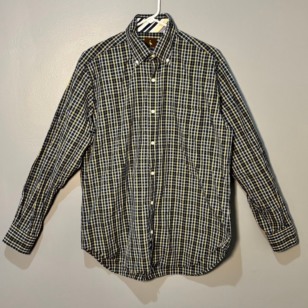 Tailorbyrd Button Down Shirt Mns L Navy Yellow Plaid Cotton Preppy Classic Check